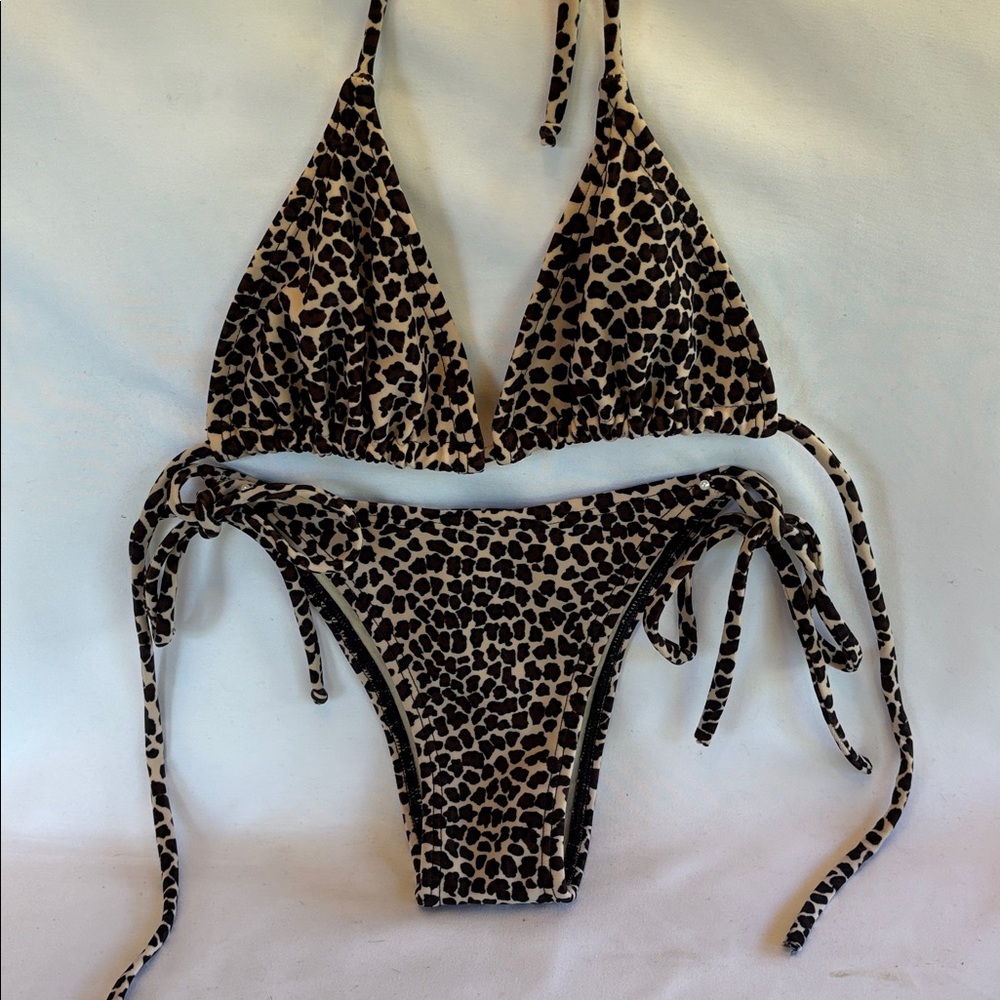 VINTAGE 1980’s SEXY LEOPARD PRINT BRAZILIAN STYLE STRING TIE THONG BIKINI SET- M - Picture 3 of 13